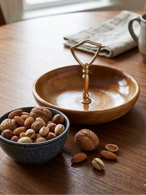Mid Century Ralph Bailey Myrtlewood Bowl Trinket Nuts Keys with Gold Handle